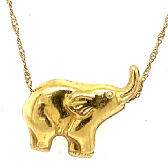 18k Trunk Up!! Wisdom Strength Yellow Gold Elephant Slide Necklace - Picture 4 of 4
